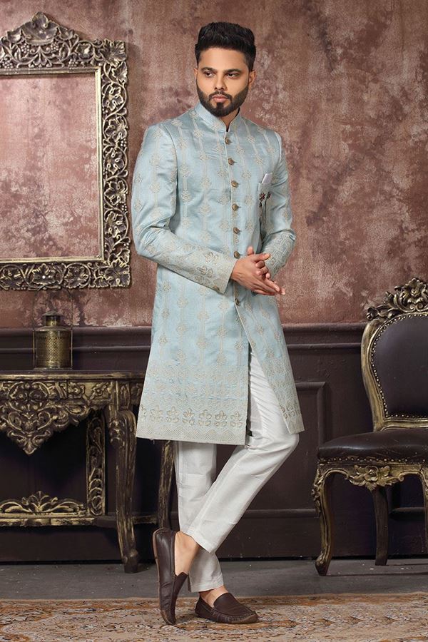 Picture of Vibrant Sky Blue Colored Designer Readymade Men's Indo-Western Sherwani