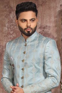 Picture of Vibrant Sky Blue Colored Designer Readymade Men's Indo-Western Sherwani
