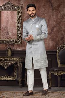Picture of Amazing Grey Colored Designer Readymade Men's Indo-Western Sherwani