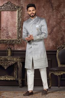 Picture of Amazing Grey Colored Designer Readymade Men's Indo-Western Sherwani