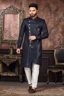 Picture of Awesome Navy Blue Colored Designer Readymade Men's Indo-Western Sherwani