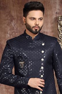 Picture of Awesome Navy Blue Colored Designer Readymade Men's Indo-Western Sherwani