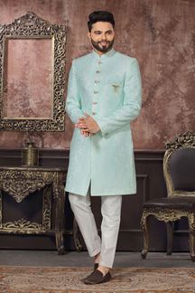Picture of Impressive Sky Blue Colored Designer Readymade Men's Indo-Western Sherwani