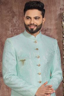 Picture of Impressive Sky Blue Colored Designer Readymade Men's Indo-Western Sherwani