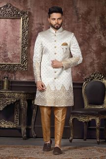 Picture of Delightful Cream Colored Designer Readymade Men's Indo-Western Sherwani