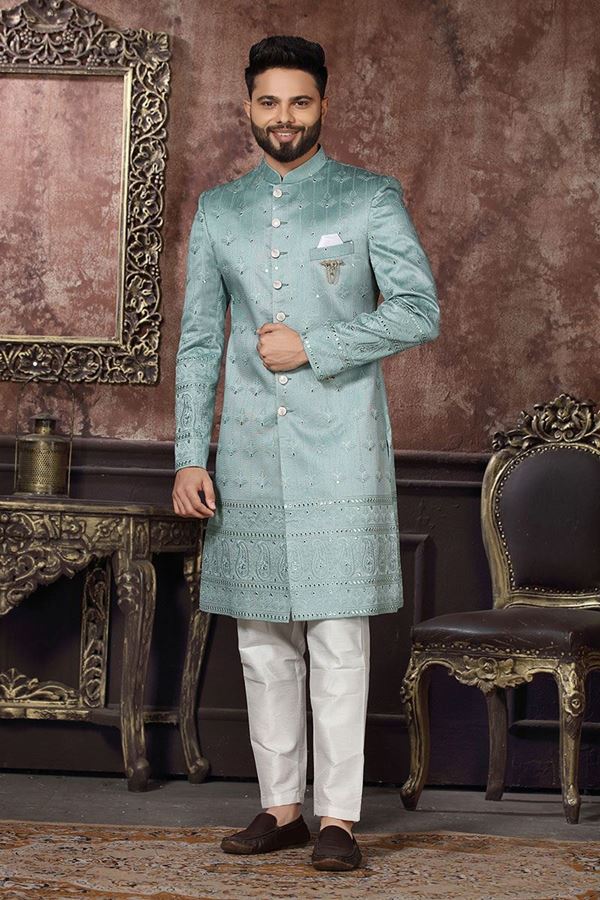 Picture of Exquisite Mint Blue Colored Designer Readymade Men's Indo-Western Sherwani