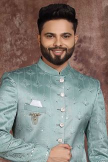 Picture of Exquisite Mint Blue Colored Designer Readymade Men's Indo-Western Sherwani