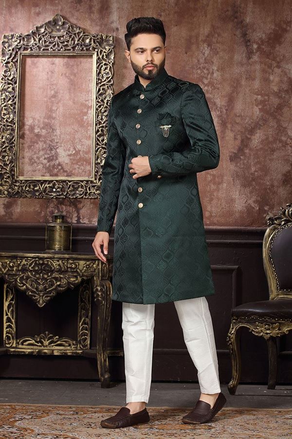 Picture of Exuberant Bottle Green Colored Designer Readymade Men's Indo-Western Sherwani
