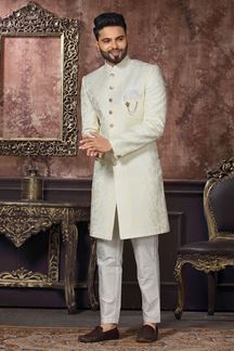 Picture of Appealing Off-White Colored Designer Readymade Men's Indo-Western Sherwani