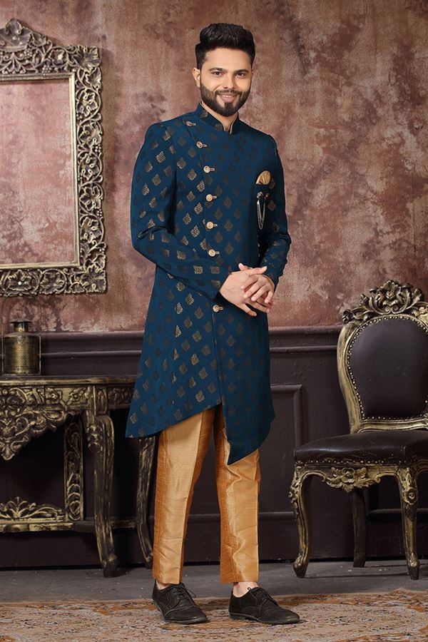 Picture of Fashionable Navy Blue Colored Designer Readymade Men's Indo-Western Sherwani