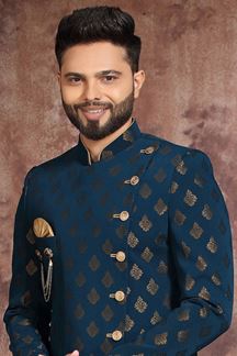 Picture of Fashionable Navy Blue Colored Designer Readymade Men's Indo-Western Sherwani