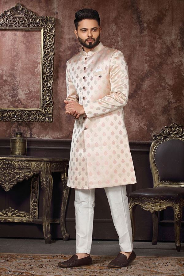 Picture of Magnificent Cream Colored Designer Readymade Men's Indo-Western Sherwani