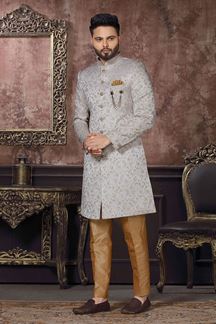 Picture of Captivating Grey Colored Designer Readymade Men's Indo-Western Sherwani