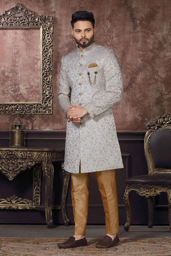 Picture of Captivating Grey Colored Designer Readymade Men's Indo-Western Sherwani