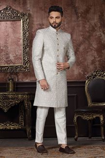 Picture of Fancy Off-White Colored Designer Readymade Men's Indo-Western Sherwani