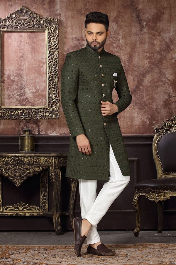 Picture of Charismatic Mehendi Green Colored Designer Readymade Men's Indo-Western Sherwani