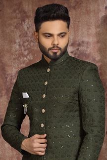 Picture of Charismatic Mehendi Green Colored Designer Readymade Men's Indo-Western Sherwani