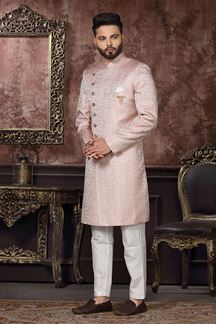 Picture of Elegant Light Pink Colored Designer Readymade Men's Indo-Western Sherwani