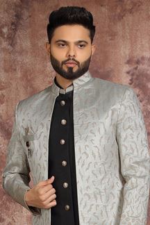 Picture of Spectacular Gray & Black Colored Designer Readymade Men's Indo-Western Sherwani