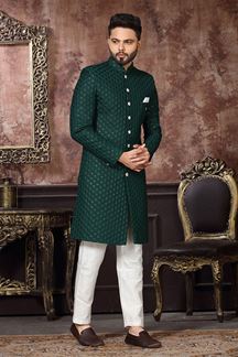 Picture of Vibrant Bottle Green Colored Designer Readymade Men's Indo-Western Sherwani