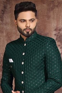 Picture of Vibrant Bottle Green Colored Designer Readymade Men's Indo-Western Sherwani