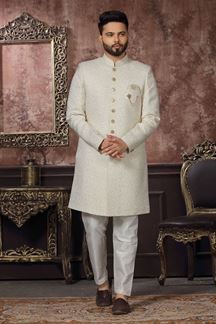 Picture of Royal Off-White Colored Designer Readymade Men's Indo-Western Sherwani