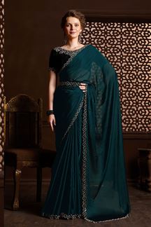 Picture of Delightful Rama Green Colored Designer Saree