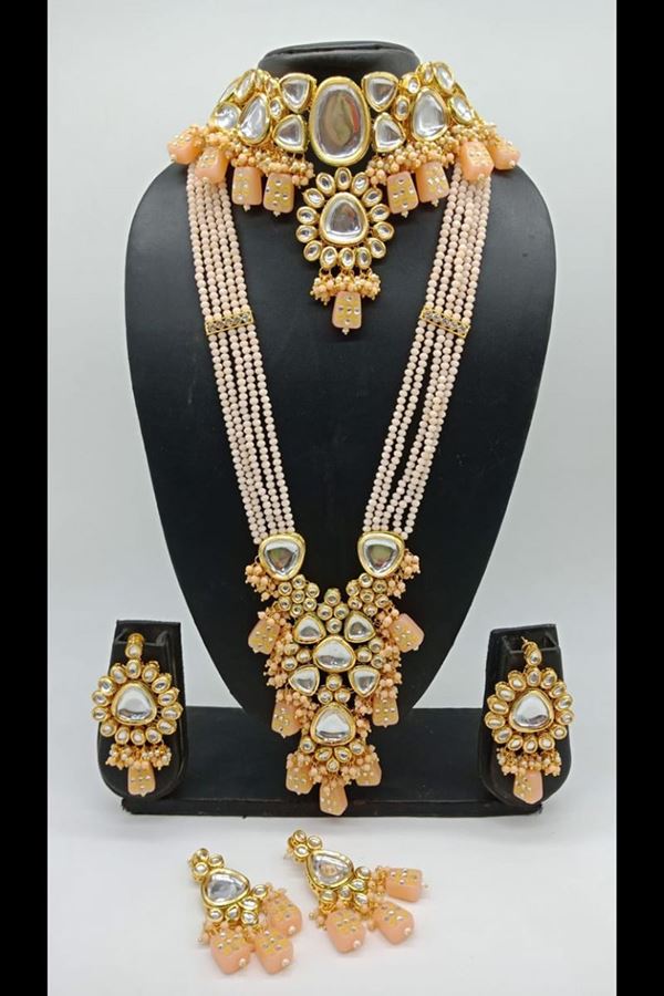 Picture of Attractive Light Peach Colored Designer Kundan Necklace Set