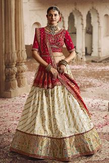 Picture of Awesome Cream and Red Colored Designer Lehenga Choli