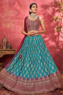 Picture of Delightful Pink and Blue Colored Designer Lehenga Choli