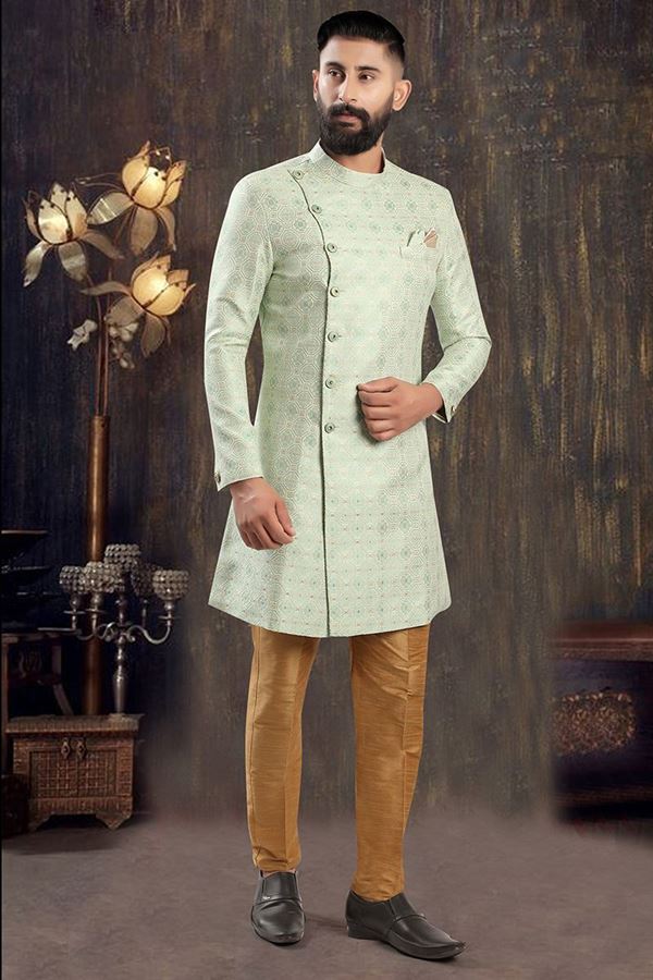 Picture of Stylish Sea Green Colored Men's Designer Kurta and Pant Set