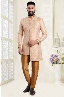 Picture of Charismatic Light Peach Colored Men's Designer Kurta and Pant Set