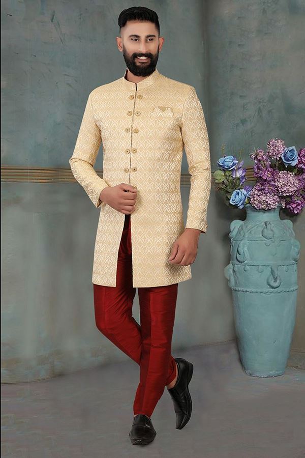 Picture of Royal Beige Colored Men's Designer Kurta and Pant Set