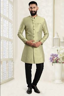 Picture of Awesome Mehendi Green Colored Men's Designer Kurta and Pant Set
