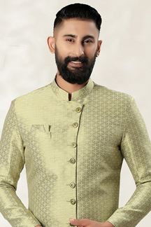 Picture of Awesome Mehendi Green Colored Men's Designer Kurta and Pant Set