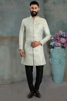 Picture of Delightful Green Colored Men's Designer Kurta and Pant Set