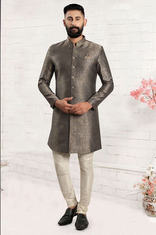 Picture of Artistic Dark Grey Colored Men's Designer Kurta and Pant Set