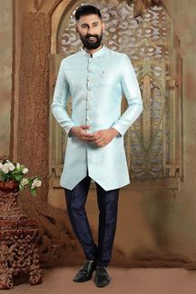 Picture of Exquisite Sky Blue Colored Men's Designer Kurta and Pant Set