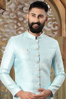 Picture of Exquisite Sky Blue Colored Men's Designer Kurta and Pant Set