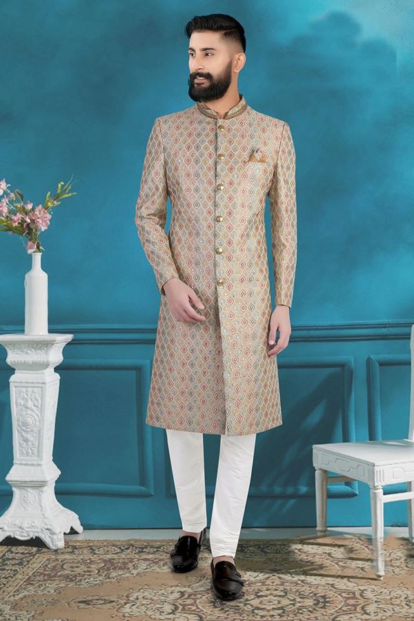 Picture of Stylish Brown and White Colored Men’s Designer Sherwani