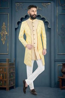 Picture of Attractive Yellow and White Colored Men’s Designer Sherwani and Pant Set