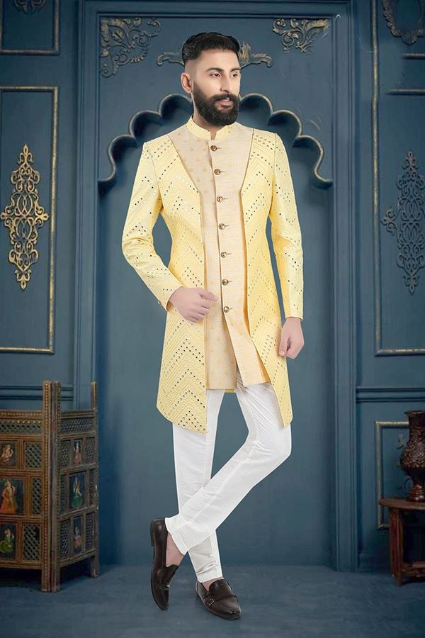 Picture of Attractive Yellow and White Colored Men’s Designer Sherwani and Pant Set