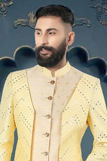 Picture of Attractive Yellow and White Colored Men’s Designer Sherwani and Pant Set