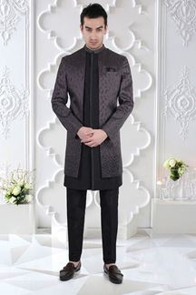 Picture of Dashing Grey and Black Colored Men’s Designer Sherwani and Pant Set