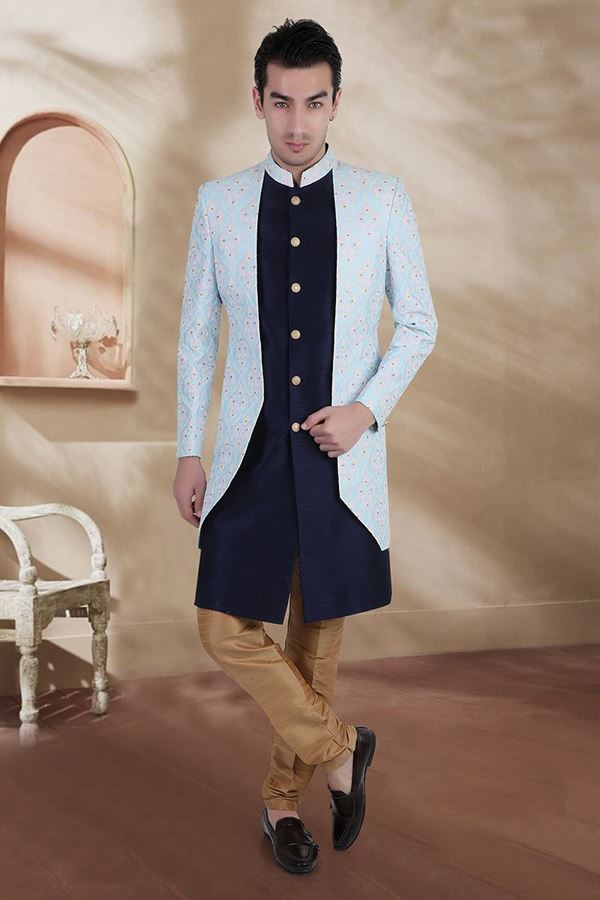 Picture of Elegant Sky Blue and Light Brown Colored Men’s Designer Sherwani and Pant Set