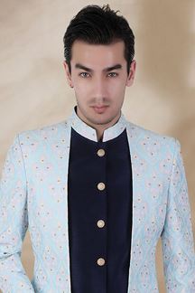 Picture of Elegant Sky Blue and Light Brown Colored Men’s Designer Sherwani and Pant Set