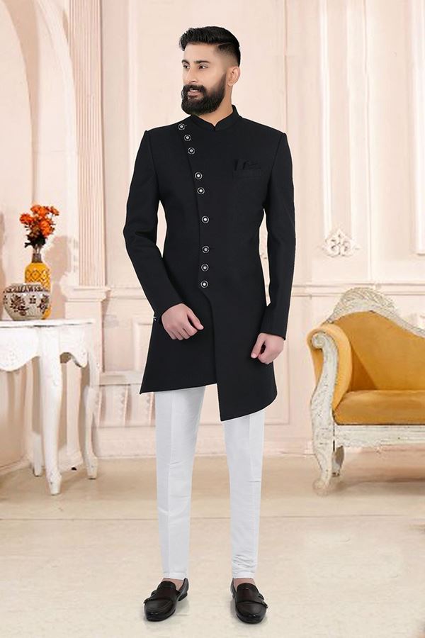 Picture of Fancy Black and White Colored Men’s Designer sherwani and Pant Set