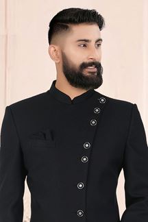 Picture of Fancy Black and White Colored Men’s Designer sherwani and Pant Set