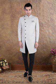 Picture of Marvelous Grey and Black Colored Men’s Designer Sherwani and Pant Set