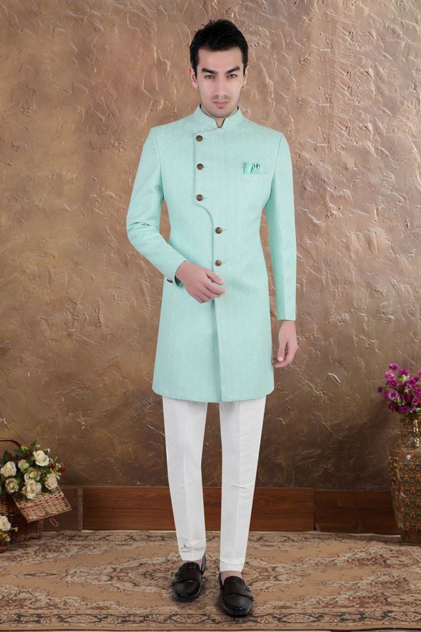 Picture of Magnificent Firozi and White Colored Men’s Designer Sherwani and Pant Set